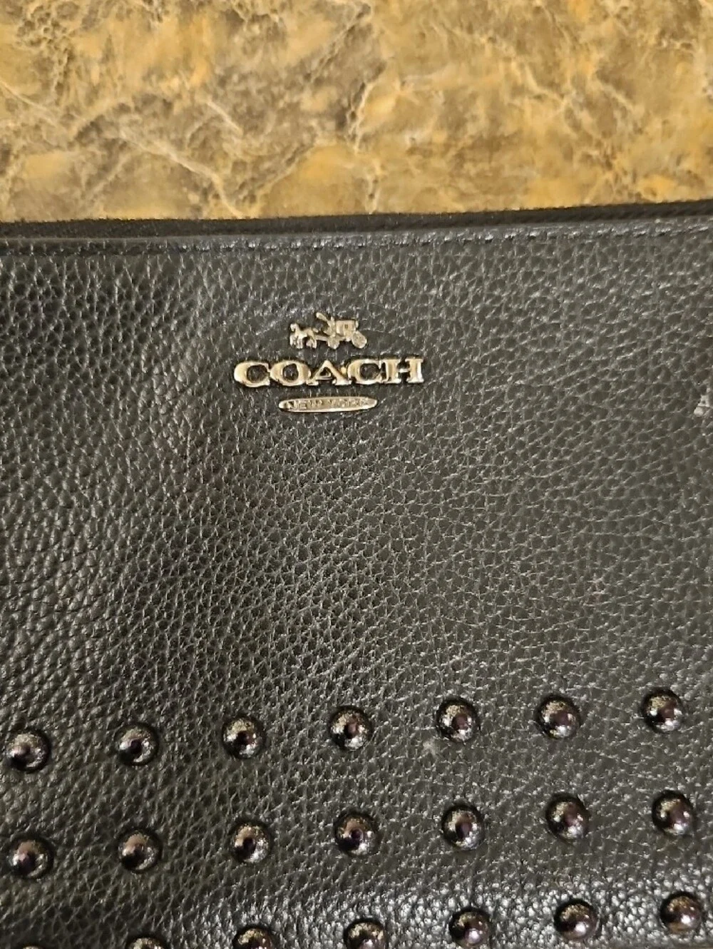 Coach Black Pebbled Leather Studded Wristlet Wallet